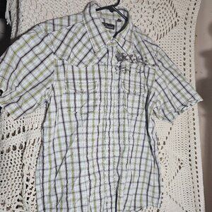 Men's green/brown plaid button down short sleeve 7 Diamonds size L